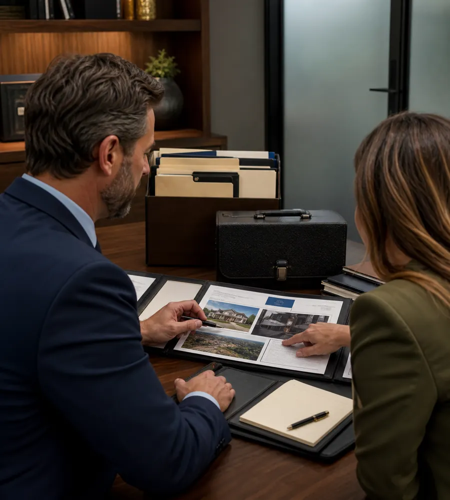 Advisor and business owner reviewing assets and risk-planning records