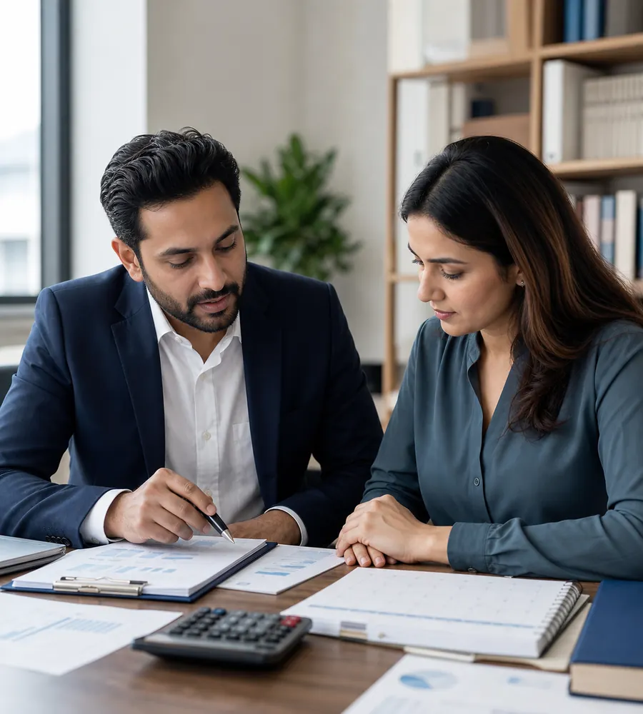 Tax advisor reviewing business records and planning dates with a client