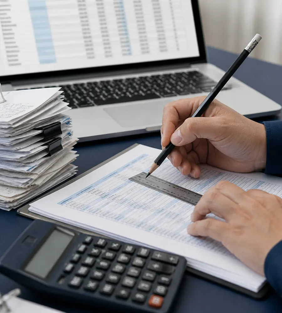 Detailed accounting records being reconciled